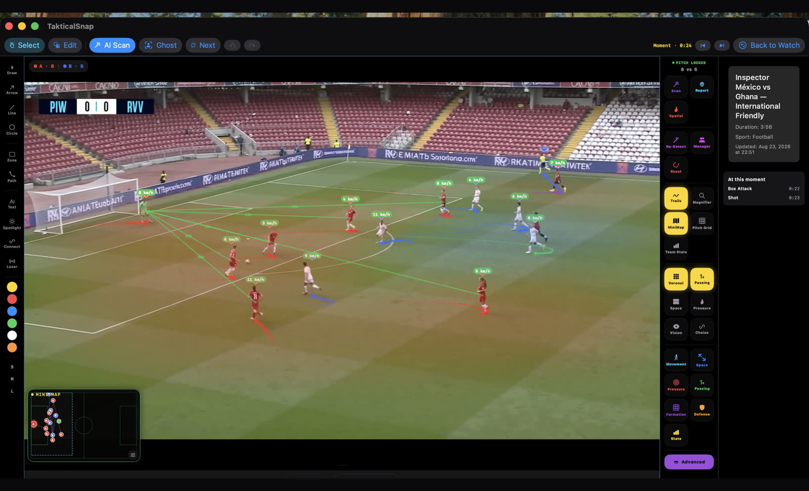 Pitch control and passing lanes over a frozen frame