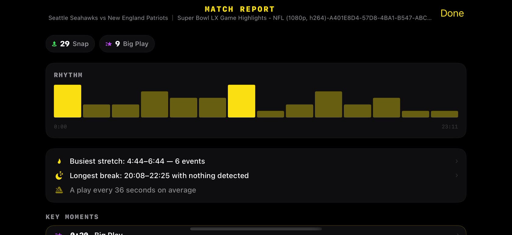 The game report screen showing snap and big-play counts, a tempo chart and key moments from an NFL broadcast