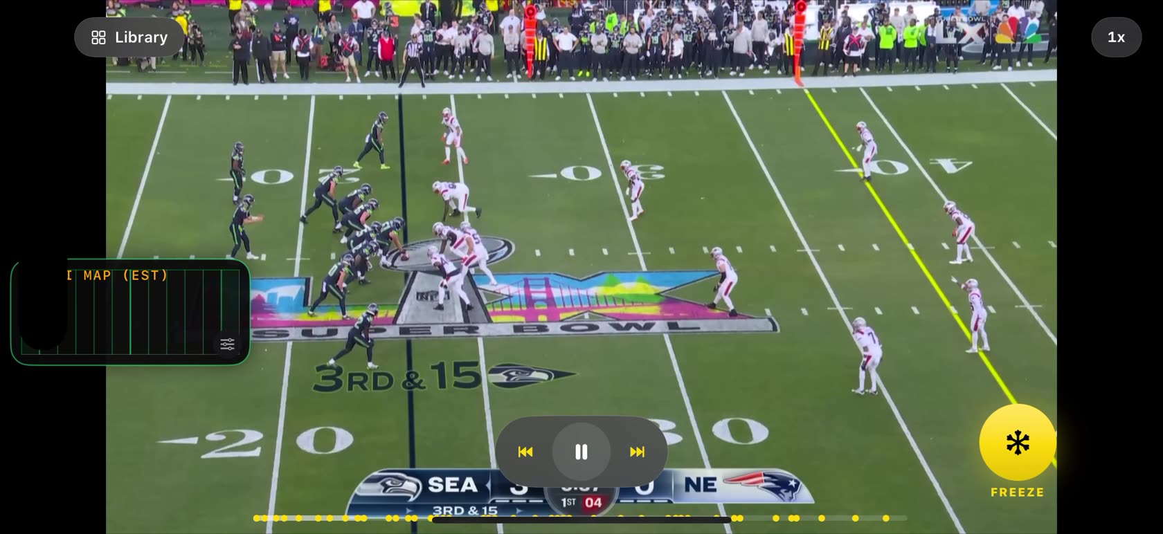 TakticalSnap scanning an American football broadcast, with the freeze control and detected play markers on the timeline